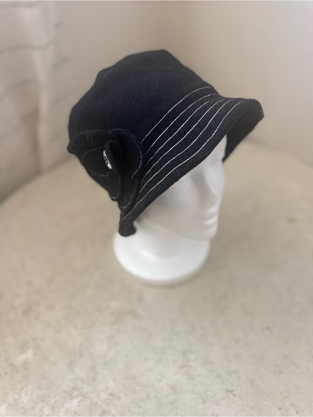 Black Cloche Hat with Flower Accent